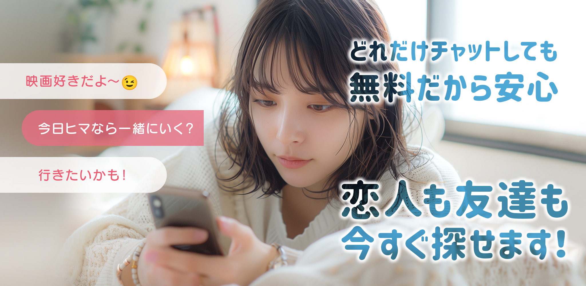 どれだけチャットしても無料だから安心。恋人も友達も今すぐ探せます！